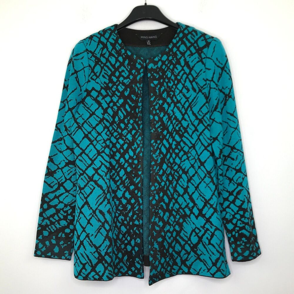 Ming Wang Women's Small Sweater Blue Black Shoulder Pad Knit Cardigan BZ24